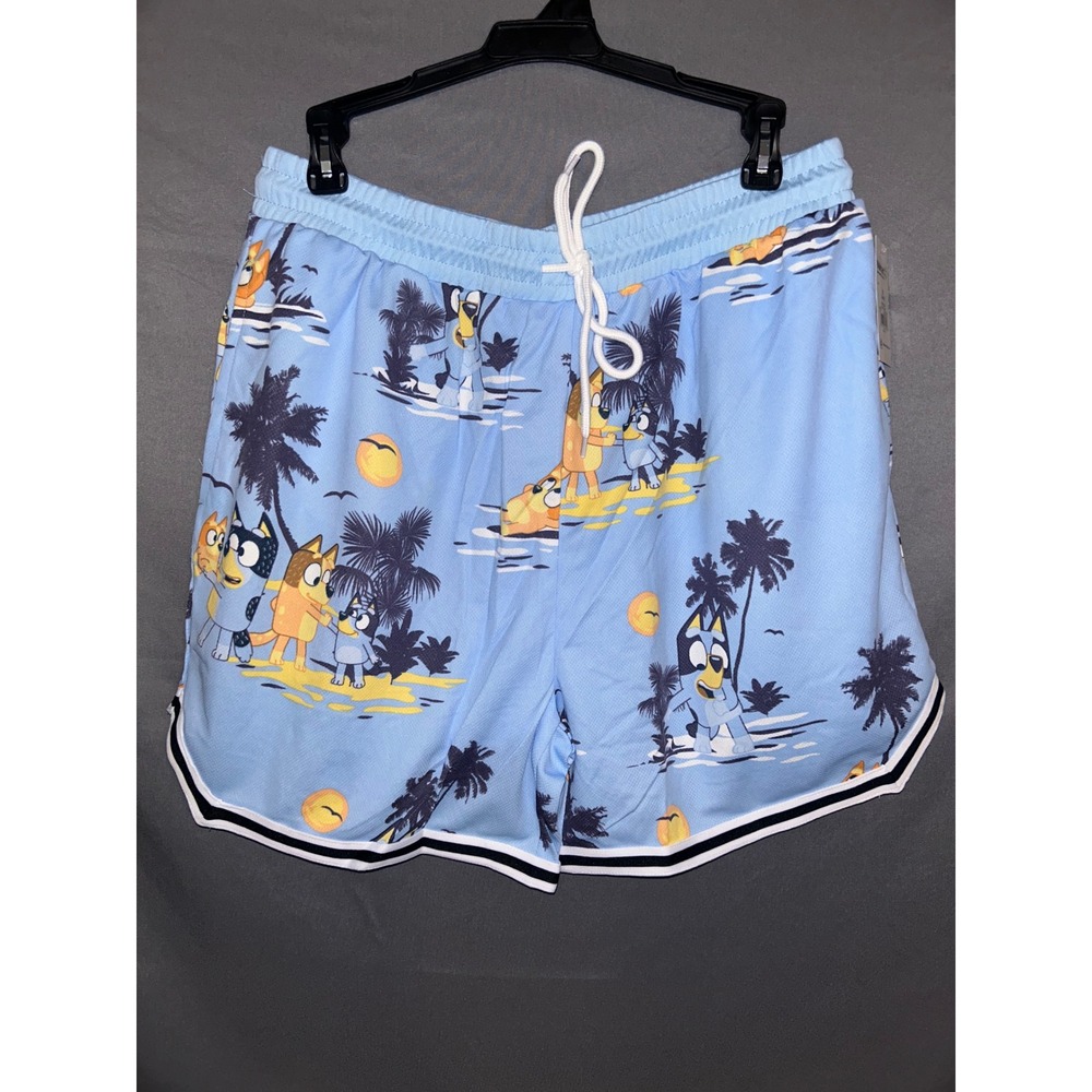 Bluey Mens Cartoon Tropical Mesh Basketball Shorts Light Blue Size Medium NWT